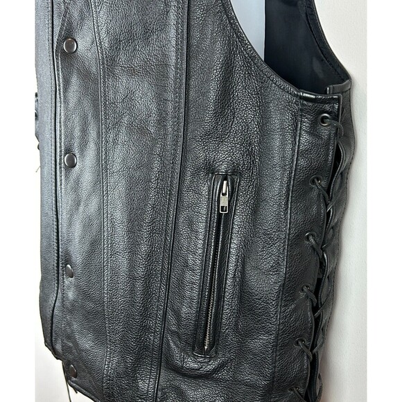 Mens First Classics Black Leather Snap Front Side Lace Motorcycle Vest Size XL - Picture 3 of 14